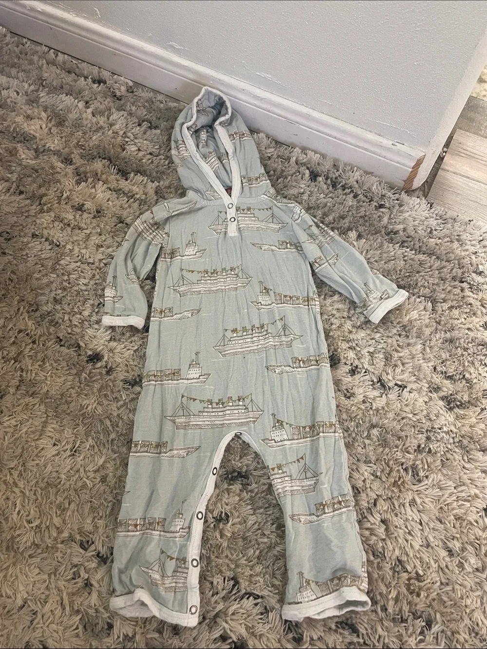 Milkbarn Light Blue Hooded One-Piece with Boat Print
